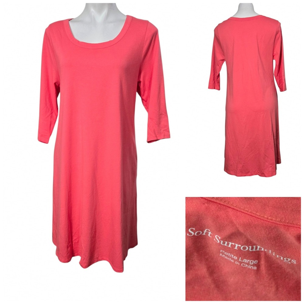 Soft Surroundings Coral Pink 3/4 Sleeve Scoop Neck Knit Dress 3GV06 Petite Large